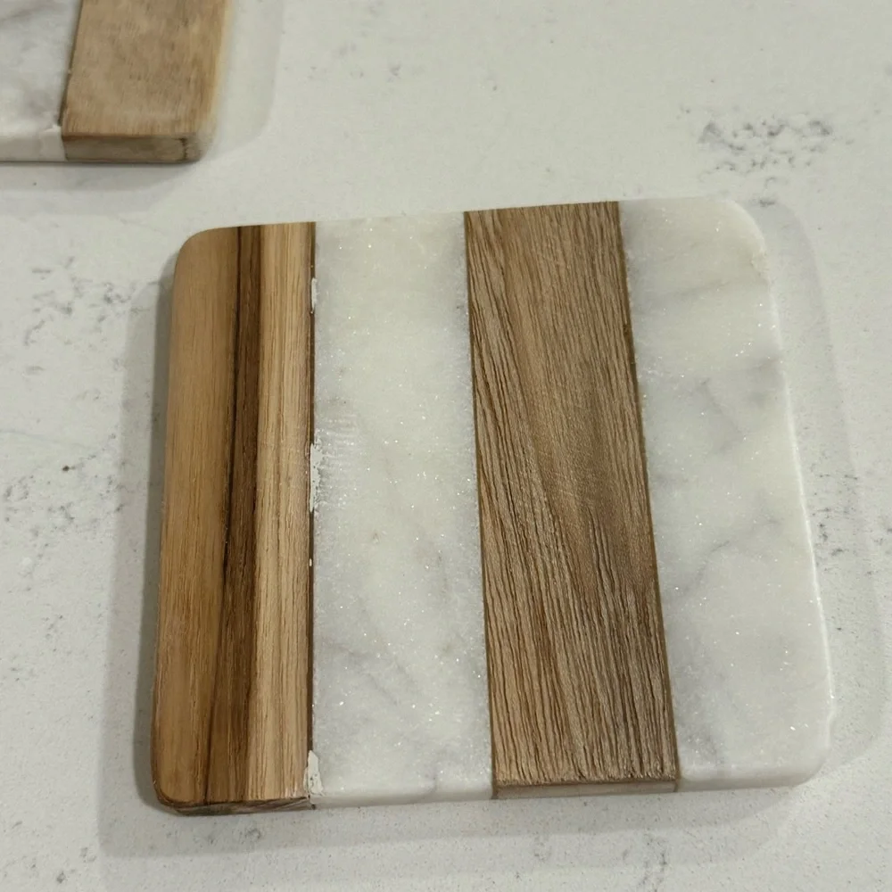 SQUARE MARBLE AND WOOD COASTER 4”(SET OF 3